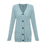 Womens Long Sleeve Cable Knit Tunic Long Cardigan Open Front Button Sweater Casual Plain Outerwear with Pockets, Light Blue, 3X-Large