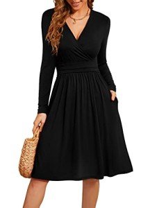 Versatile Black Long Sleeve Wrap Dress with Pockets