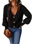 Astylish Black Cardigan for Women Chunky Knit Black Sweater Button Up Cardigan V Neck Cropped Sweaters Crochet Oversized Long Sleeve Cardigan Balloon Sleeve Cardigan with Buttons, Black, X-Large