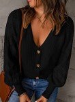 Astylish Black Cardigan for Women Chunky Knit Black Sweater Button Up Cardigan V Neck Cropped Sweaters Crochet Oversized Long Sleeve Cardigan Balloon Sleeve Cardigan with Buttons, Black, X-Large