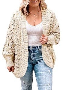 Eytino Womens Plus Size Crochet Cream Cardigan Sweater Long Sleeve Hollow Out Open Front Plus Oversized Cardigans Cream Outwear Lantern Sleeve Chunky Knit Sweater Jacket,3X Beige
