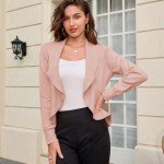 GRACE KARIN Open Front Sweater for Women Lightweight Cute Long Sleeve Ruffle Knits Cardigan Light Pink L
