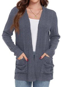 GRECERELLE Cardigan for Women Lightweight Open Front Long Sleeve Ribbed Knit Ladies Casual Sweater Outerwear with Pockets Dark Gray-M