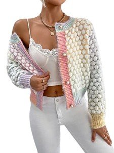 GORGLITTER Women's Button Up Colorful Cropped Cardigan Sweater Cute Long Sleeve Casual Knit Outwear, Pink and Blue, Small