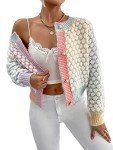 GORGLITTER Women's Button Up Colorful Cropped Cardigan Sweater Cute Long Sleeve Casual Knit Outwear, Pink and Blue, Small