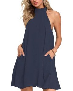Navy Blue Halter Neck Summer Sundress with Pockets