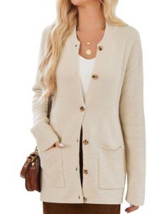 GRACE KARIN Women's 2024 Waffle Knit Fall Winter Sweaters Long Sleeve Open Front Button Cardigan Sweater Coat with Pockets Light Apricot 2XL