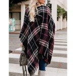 LittleMax Ponchos for Women,Juniors Shawl Wrap Fall Clothes Open Front Boho Buffalo Cardigan Oversized Plaid Cape Sweater Knitted Tassel Coat Pashmina Wine Red