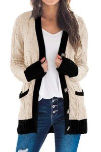YACUN Women Cable Knit Cardigan Long Sleeve Button Down Color Block Sweaters with Pocket Knitwear Beige XL