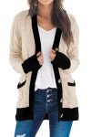 YACUN Women Cable Knit Cardigan Long Sleeve Button Down Color Block Sweaters with Pocket Knitwear Beige XL
