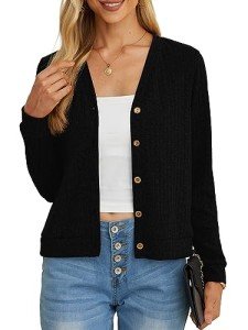 GRECERELLE Womens Lightweight Cardigan Sweater Long Sleeve Open Front Cardigan Button Down Outerwear Tops, Black, Large