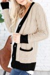 YACUN Women Cable Knit Cardigan Long Sleeve Button Down Color Block Sweaters with Pocket Knitwear Beige XL