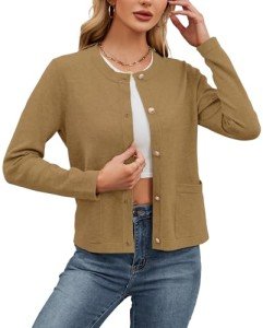 WEACZZY Cardigan for Women 2024 Long Sleeve Button Down Sweater Open Front Cardigan Sweaters Casual Knit Tops,Khaki,Large