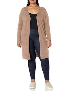 Amazon Essentials Women's Lightweight Longer Length Cardigan Sweater, Camel Heather, Medium