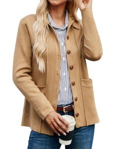 GRACE KARIN Caidigan Sweater for Women 2024 Fall Button Down Long Sleeve Lapel Office Casual Knit Shirt for Work Khaki M