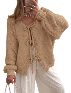PRETTYGARDEN Women's Tie Front Bow Cardigan Sweaters Chunky Knit Long Puff Sleeve Trendy Fall Winter Jacket Coats (Camel,Large)