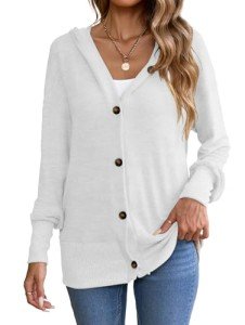 Voopptaw Women's Casual Cardigan V Neck Button UP Hooded Sweaters Long Sleeve Ribbed Knit Hoodies Outfits for Fall White S