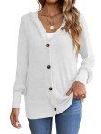 Voopptaw Women's Casual Cardigan V Neck Button UP Hooded Sweaters Long Sleeve Ribbed Knit Hoodies Outfits for Fall White S