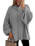 PRETTYGARDEN Women's Winter Button Down Cardigan Sweaters Mock Neck Lantern Long Sleeve Chunky Knit Jacket Trendy Outerwear (Grey,Medium)