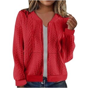 Lightning Deals of Today Women's Zip Up Cable Knit Sweater 2024 Long Sleeve Open Front Cardigan Warm Cardigan with Pockets Outwear Coats Red