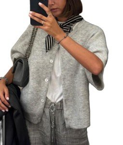 BHMAWSRT Women's Cardigans Short Sleeve Cardigan Sweater Button Down Crop Length Y2k Knitted Shirt Top (CA/US, Alpha, Small, Regular, Regular, Gray)