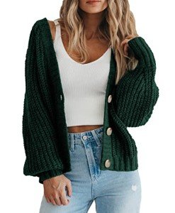 PRETTYGARDEN Womens Open Front Cardigans Fall 2024 Long Sleeve Button Down Short Cardigan Sweaters for Women Trendy (Dark Green, Small)