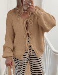 PRETTYGARDEN Women's Tie Front Bow Cardigan Sweaters Chunky Knit Long Puff Sleeve Trendy Fall Winter Jacket Coats (Camel,Large)