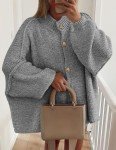 PRETTYGARDEN Women's Winter Button Down Cardigan Sweaters Mock Neck Lantern Long Sleeve Chunky Knit Jacket Trendy Outerwear (Grey,Medium)