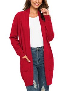 PCEAIIH Women's Cardigan Sweaters with Pockets Long Sleeve Causal Outwear Tops L Red