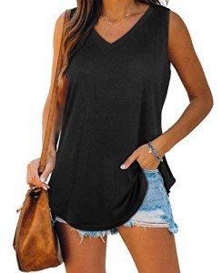 BINLIANG Women Summer Sleeveless V Neck Cami Tank Tops Loose Fit Long Tee Tshirts Femme (D# Black,X-Large)