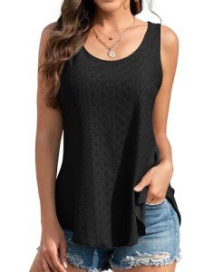 Aiseyi Tank Tops for Women Loose Fit Summer Sleeveless Top Eyelet Embroidery Casual Top Scoop Neck Camisoles Ladies Shirts for Vacation Resort Black 2XL