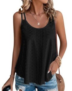 RIROW Womens Black Tank Tops Eyelet Sleeveless Spaghetti Strap Scoop Neck Loose Fit Casual Summer Boho Cami Blouses 2024 New