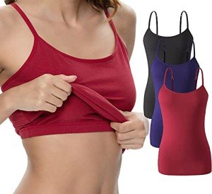 ROSYLINE Womens Camisole with Shelf Bra Cotton Undershirts Adjustable Strap Camis Spaghetti Strap Tank Top 3 Pack Black/Navy Blue/Wine Red L