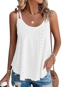 WNEEDU 2025 Womens Summer Tank Tops Eyelet Embroidery Sleeveless Spaghetti Strap Pleated Flowy Scoop Neck Hollow Cami White M