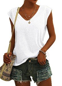 GUUKA 2024 Trendy Womens Cap Short Sleeve T-Shirt Casual V Neck Loose Fit Summer Basic Tank Tops Cute Blouse(White,M)