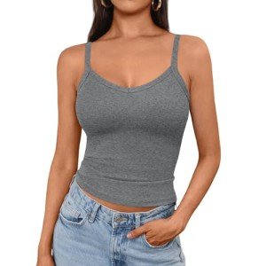 IYOWEL Womens Tank Tops Ribbed Adjustable Workout Tops V Neck Spaghetti Strap Cropped Top Camisole Athletic Tank Tops Dark Grey L
