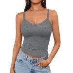 IYOWEL Womens Tank Tops Ribbed Adjustable Workout Tops V Neck Spaghetti Strap Cropped Top Camisole Athletic Tank Tops Dark Grey L