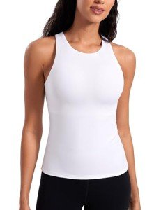 CRZ YOGA Butterluxe Womens Racerback Workout Tank Top with Built in Shelf Bra - Padded High Neck Yoga Athletic Camisole White Medium