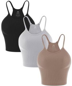 Sunzel Free to Be Tank, Ribbed Crop Tops for Women Summer Tank Tops Cute No pad Racerback Camisole Cropped Workout Gym Yoga Black Brown Grey(3pcs) L/XL