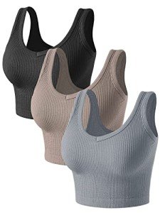 PINKSAVIOR Womens Crop Tops Basic Sleeveless V-Neck 3 Pieces Black White Ribbed Seamless Casual Cami Tank Tops(P055 Bl/Gr/Kh M)