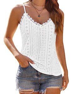 Hotouch White Tank Tops Women Spaghetti Strap V Neck Cami Sleeveless Blouse White Medium