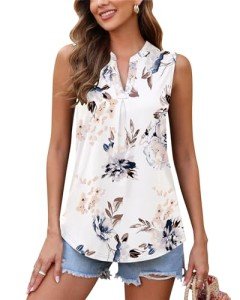 WNEEDU Womens Summer Tank Tops Causal Ladies Sleeveless V Neck Pleated Blouse Shirts 2025 New Floral White L