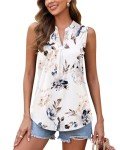 WNEEDU Womens Summer Tank Tops Causal Ladies Sleeveless V Neck Pleated Blouse Shirts 2025 New Floral White L