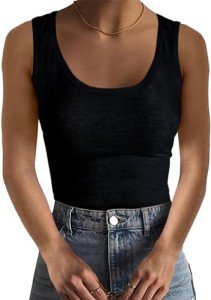 Basicspace Womens Tank Top O Neck Basic Ribbed Racerback Blouse Sleeveless Slim-Fit Black Shirts(Large, Tank Tops-Black)