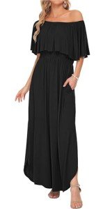 Off-The-Shoulder Black Maxi Dress with Pockets