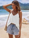 SUNAELIA White Tank Top Women Chiffon Cami Spaghetti Strap Camisole Summer V Neck Loose Fit Flowy Sleeveless Backless Blouse Shirts