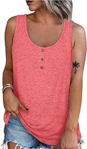 Womens Henley Tank Top Scoop Neck Sleeveless Tunic Shirts Soft Button Down Summer Top XL Pink