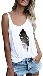 Women V Neck Solid Casual Cami Tank Tops Summer Feather Printed Sleeveless Loose Blouses Shirts (White, XX-Large)