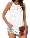 WNEEDU Women's Summer Halter Tank Tops Eyelet Sleeveless Round Neck Hollow Tank Camisole 2025 New T-Shirt White 3XL