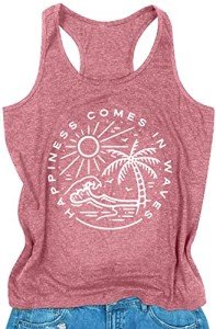 MEESHEEP Womens Beach Tank Top Summer Vacation Graphic Shirt Funny Beach Vest Happiness Comes in Waves Sleeveless Top Pink